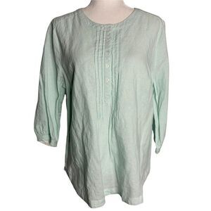 Dash Linen Blend Tunic Top L Green Stripe Pleated Buttons 3/4 Sleeve Round Neck